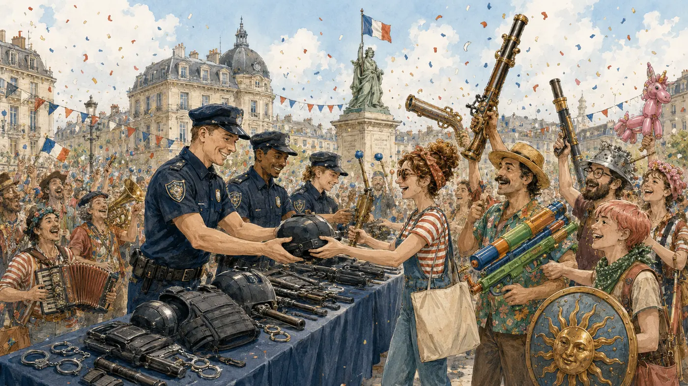 Policiers échangeant leur équipement contre des jouets et instruments de musique sur une place parisienne
