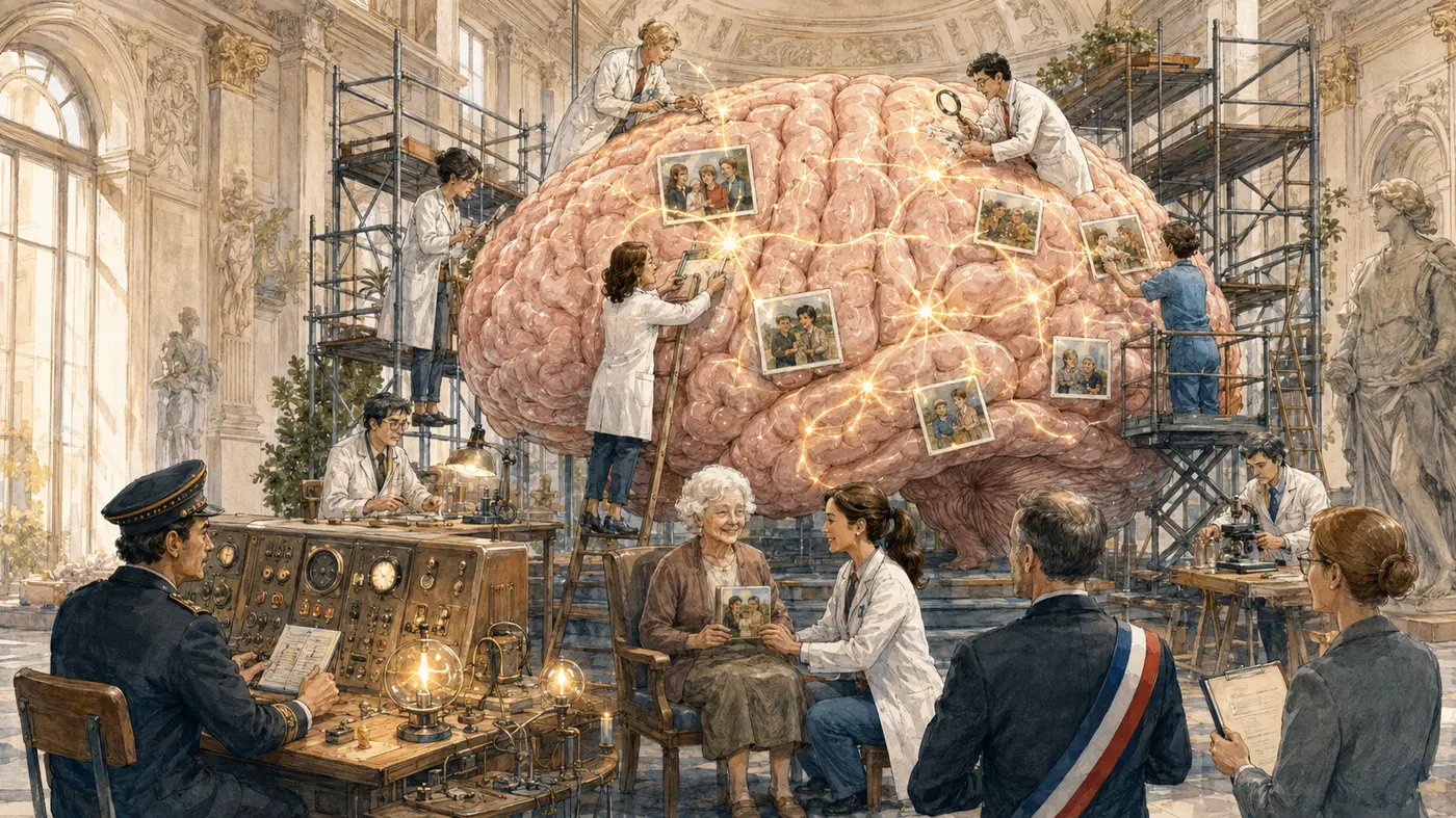 Scientifiques restaurant un immense cerveau couvert de photos de souvenirs