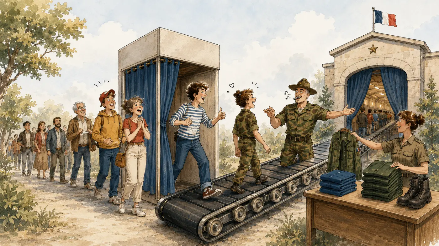 Volontaires enthousiastes transformés en militaires sur un tapis roulant devant un fort tricolore