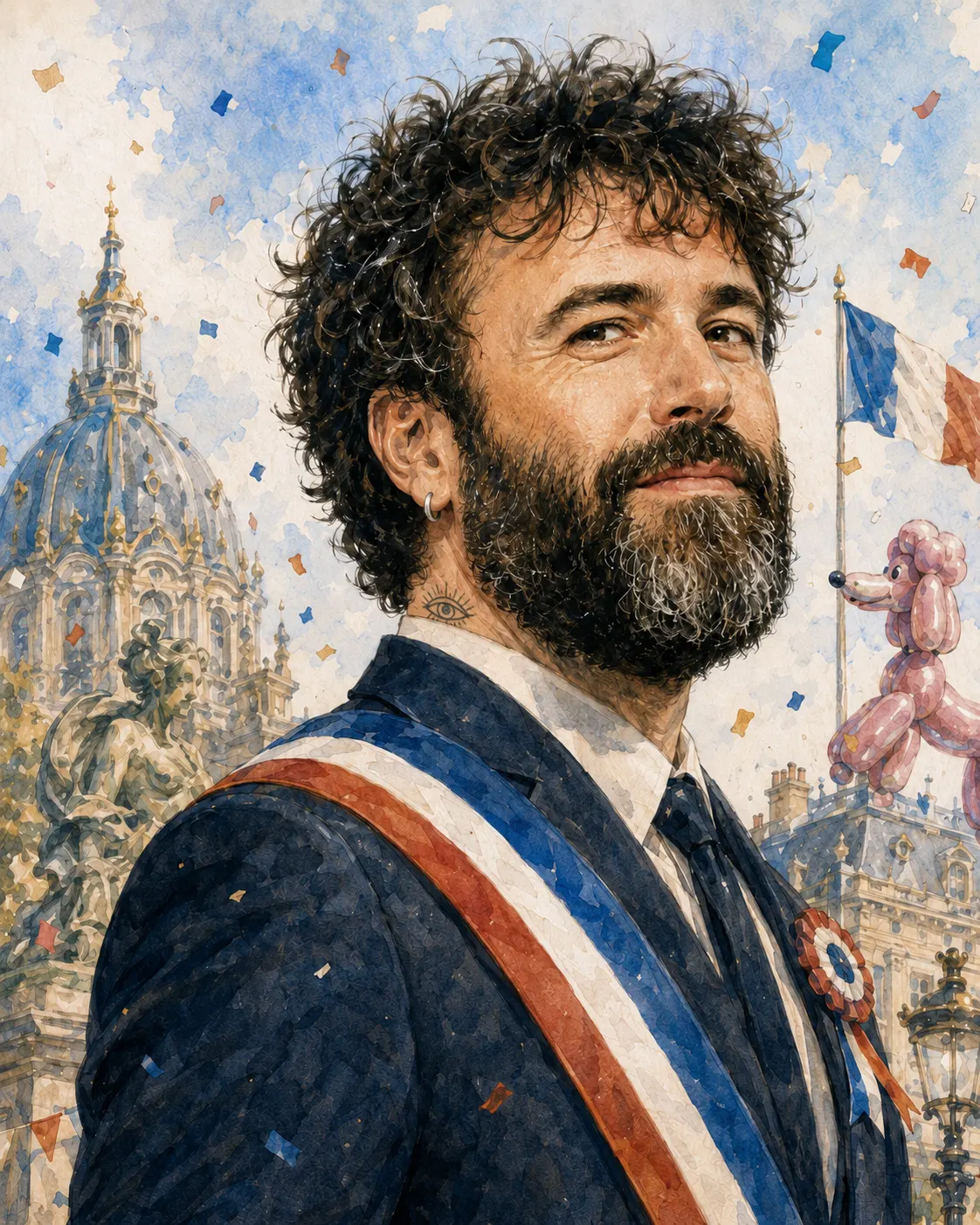 Portrait officiel d'Aymeric Lomprette, écharpe tricolore, devant le Panthéon